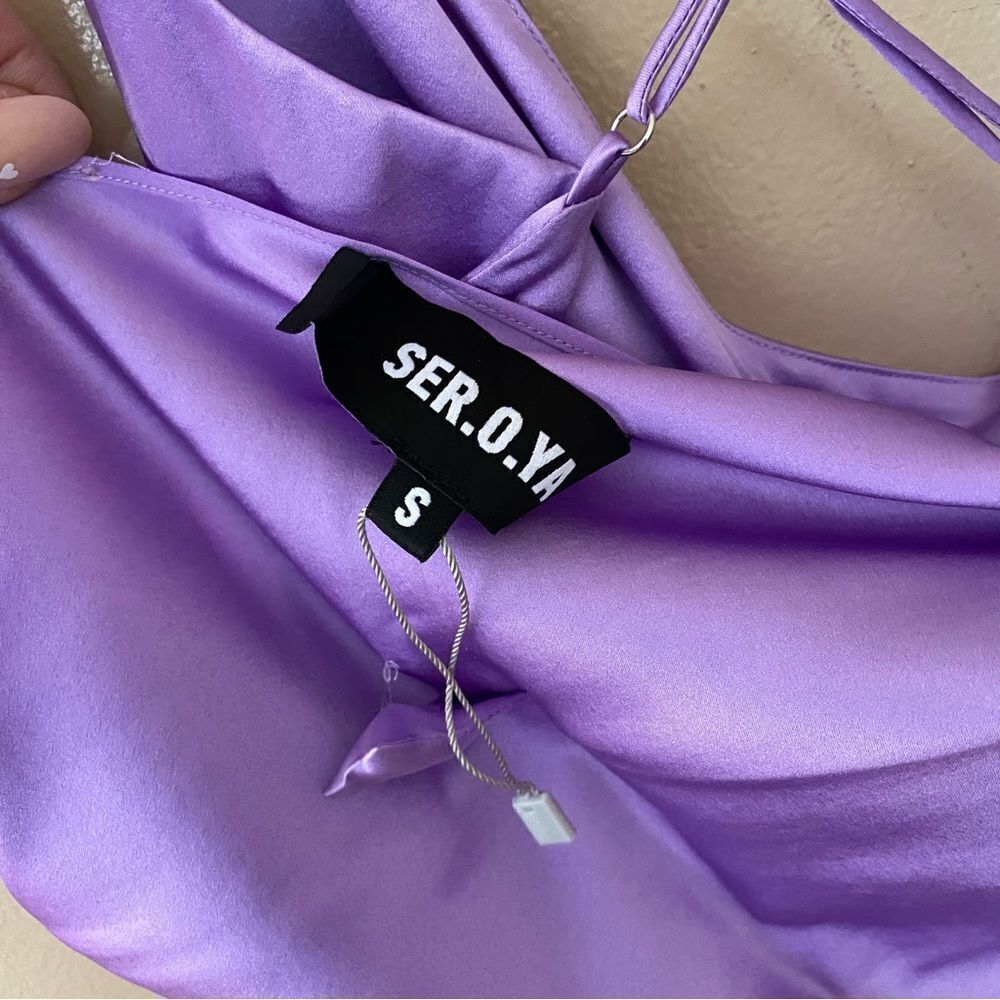NWT SER.O.YA PRACILLA SILK MINI DRESS purple draped slip strappy S - Picture 8 of 8